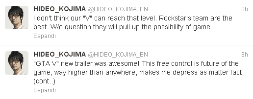 Kojima elogia GTA V su Twitter