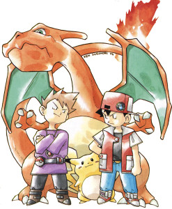 old pokemon artwork red trainer vs blue oak charizard pikachu